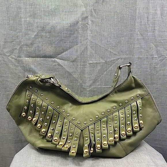 B. Makowsky Olive Green Fringed & Studded Metallic Leather Hobo Shoulder Bag - Picture 2 of 10